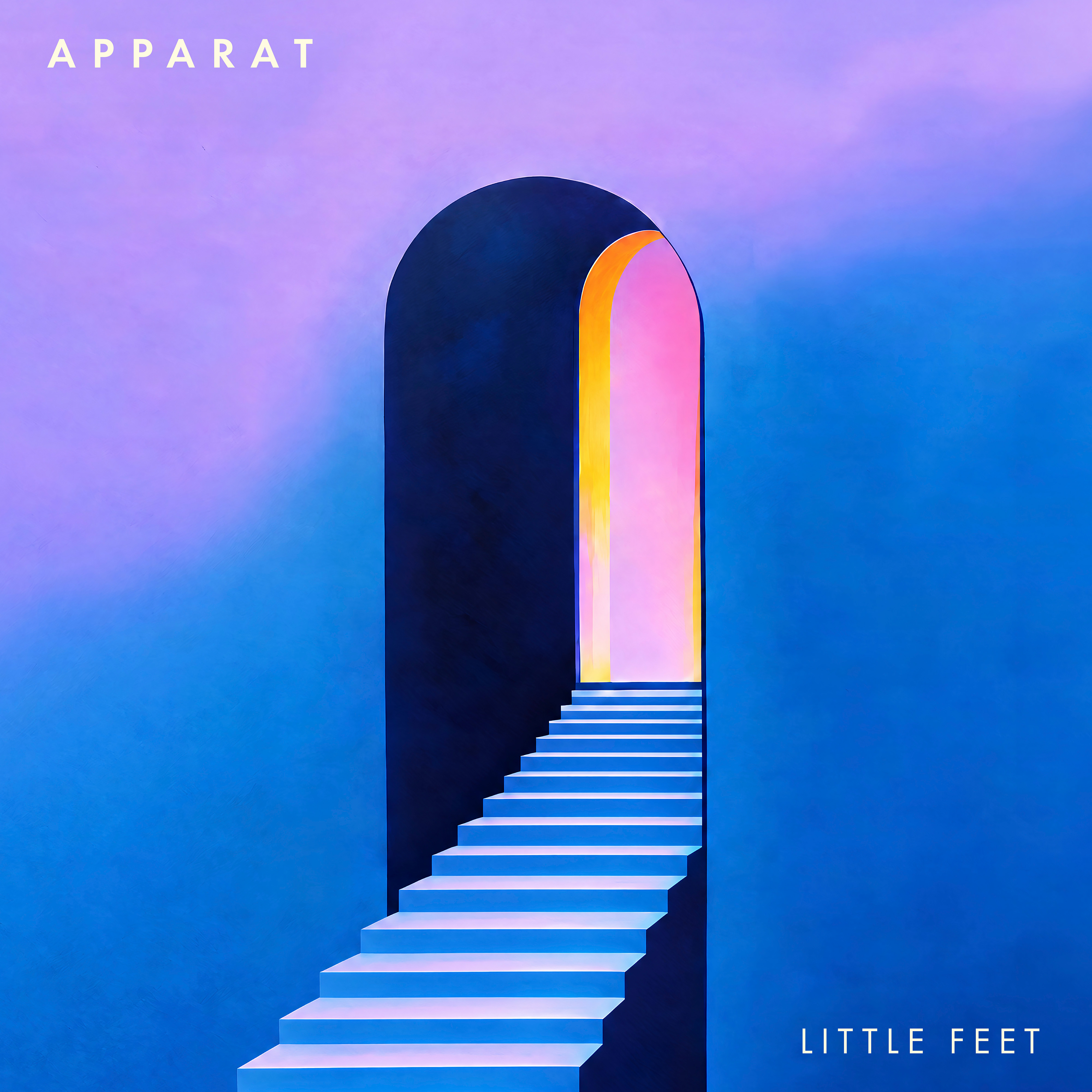 Apparat — Little Feet. Blue stairs lead through a dark arch towards a glowing pink and golden sky.
